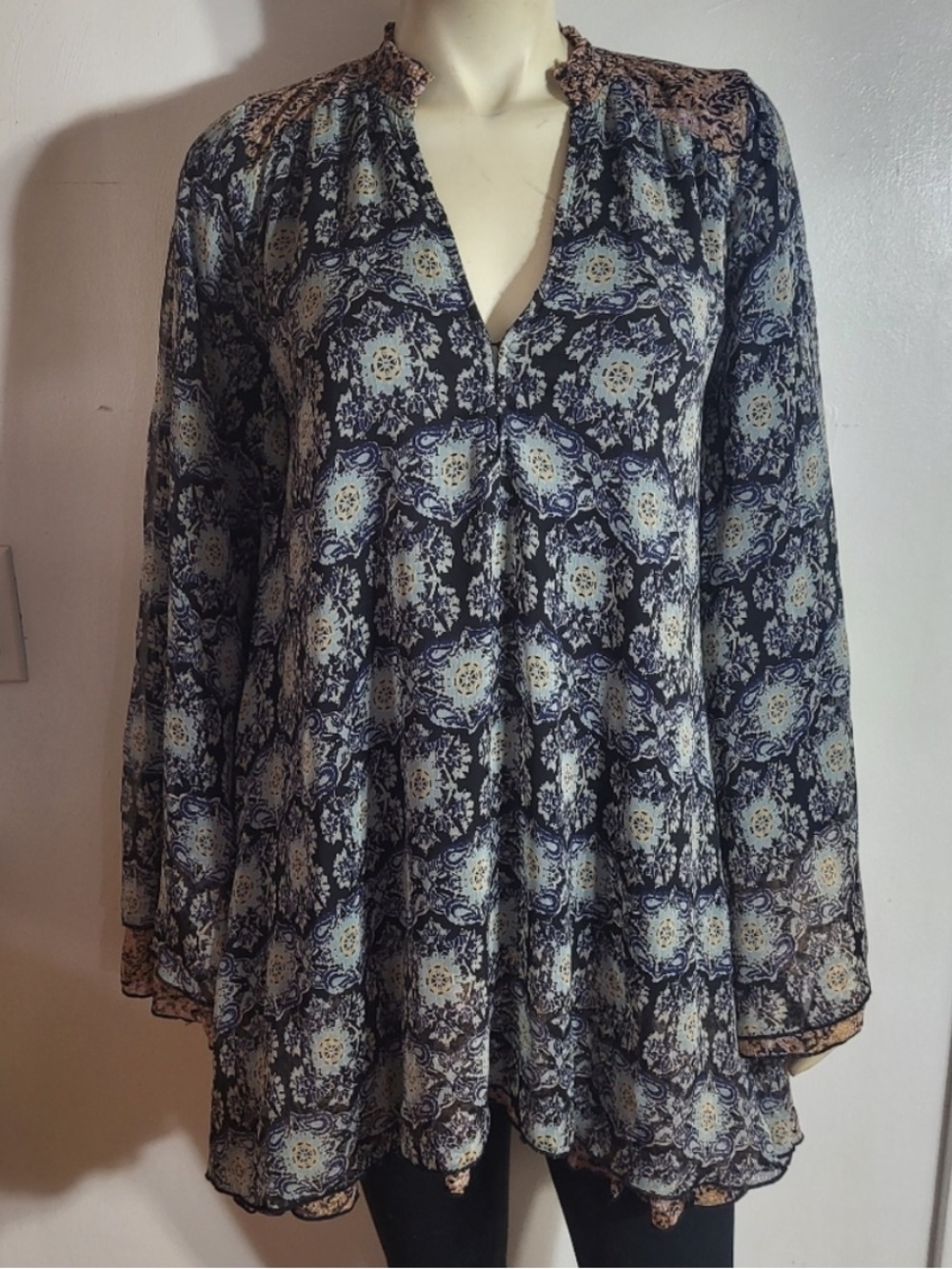 Free People Black Bohemian Blouse with Cream Trim